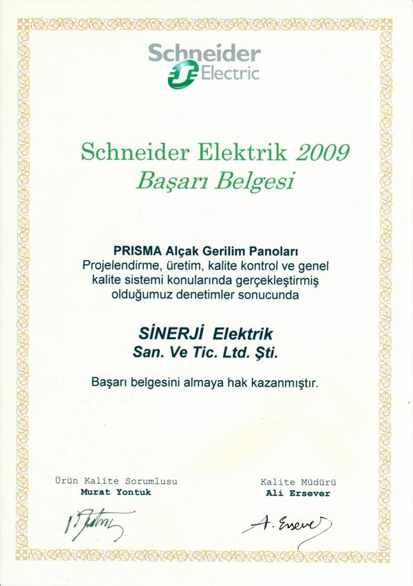 2009 Yılı Schneider Electric Başarı Belgesi