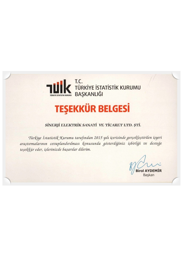 2015 Yılı Türkiye İstatistik Kurumu Başkanlığı Teşekkür Belgesi